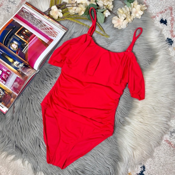 Tahari Other - NWOT Tahari Red Ruffle One Piece Swimsuit Sample Ruched Tummy Control Sz S